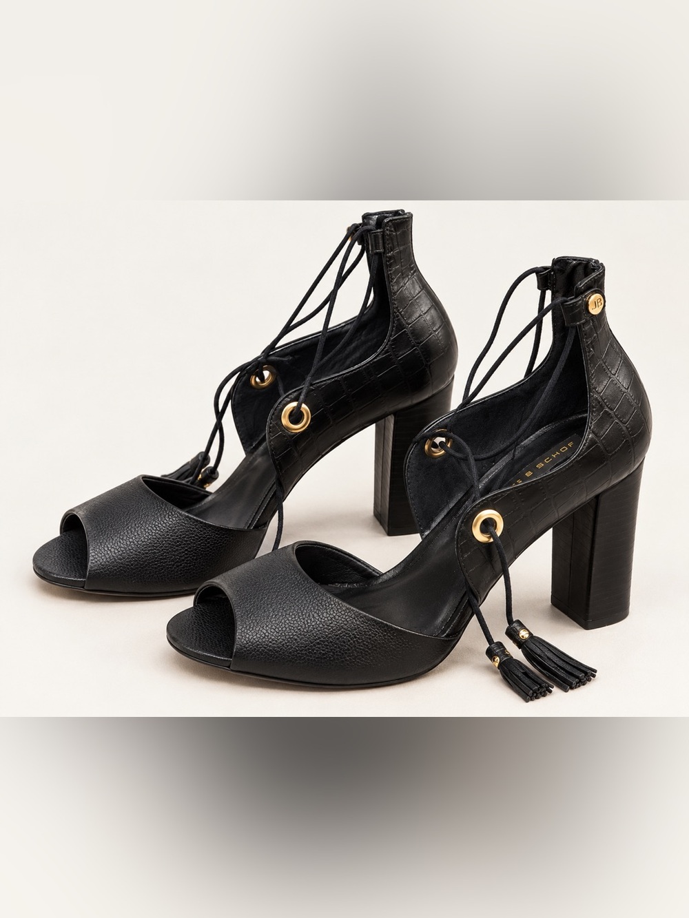 Jorge Bischoff Black Leather Lace Up Block Heel Sandals Size 11